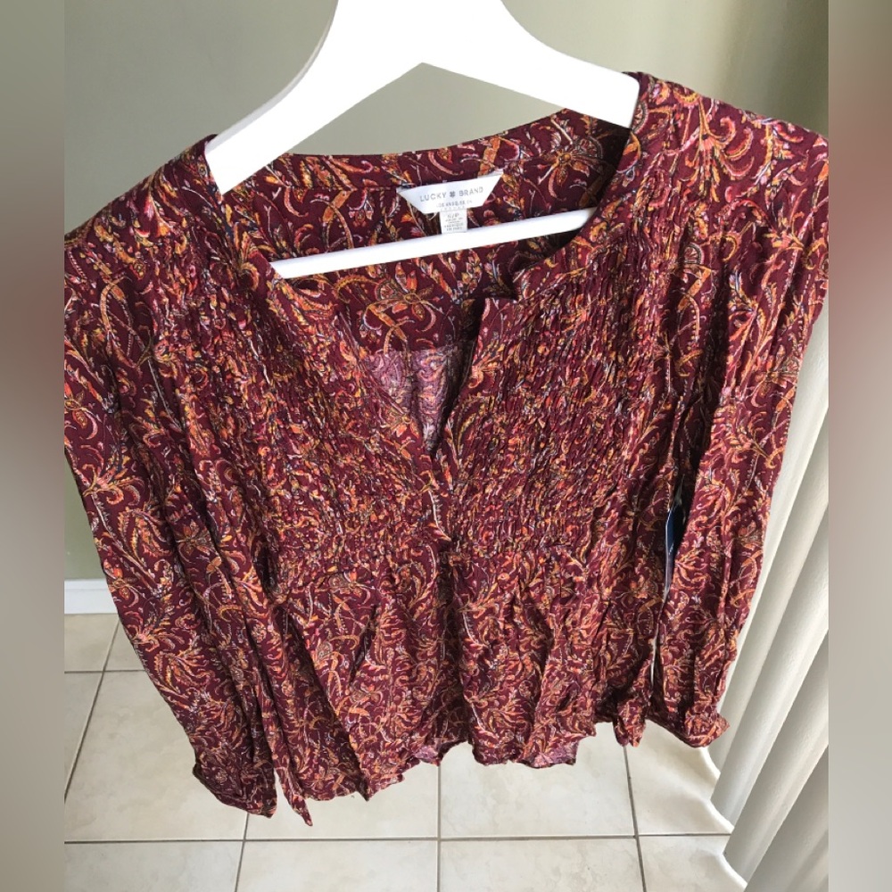 NWT! Lucky Brand Paisley V Neck Peasant Blouse Long Sleeve Boho Size: S - Picture 4 of 13